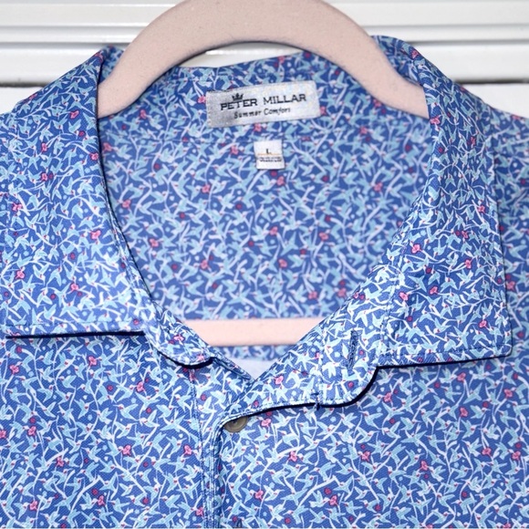 Peter Millar Summer Comfort Golf Polo Hummingbirds Print SZ L Pumpkin Ridge Logo - Picture 5 of 6